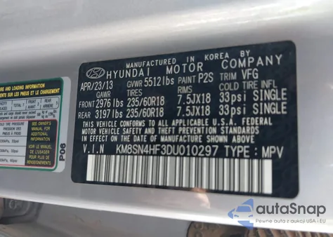 2013 Hyundai Santa Fe Gls z USA, uszkodzony, nr VIN KM8SN4HF3DU010297